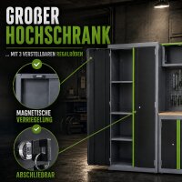 2x Werkstattwand 13-tlg. modulares Werkstattschranksystem aus Stahl mit massiver Holzarbeitsplatte grün