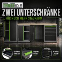 2x Werkstattwand 13-tlg. modulares Werkstattschranksystem aus Stahl mit massiver Holzarbeitsplatte grün