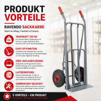 Ravendo Sackkarre mit Easy-Tip 250 kg grau Stahl mit Luftbereifung 2 Plattformen klappbar