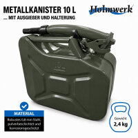 2x Benzinkanister Kraftstoffkanister Metall 10 Liter Oliv inkl. Ausgießer + Halter UN Zulassung