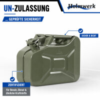 2x Benzinkanister Kraftstoffkanister Metall 10 Liter Oliv inkl. Ausgießer + Halter UN Zulassung