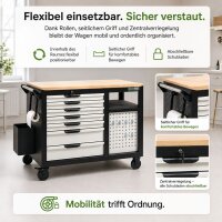Mobiler Ordnungswagen mit 11 Schubladen und 4 Ablagefächern abschließbar mit Hartholzplatte