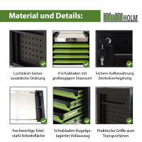 Werkzeugkiste 68x46x40 cm 4 Schubladen grün bestückt 4 Werkzeugeinlagen 132 tlg. Werkzeugset