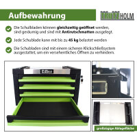 Werkzeugkiste 68x46x40 cm 4 Schubladen grün bestückt 4 Werkzeugeinlagen 132 tlg. Werkzeugset