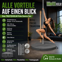TRUTZHOLM Pole Dance Stange Ø 45 mm 223–274 cm Static & Spinning ohne Bohren inkl. Schutzmatte grau Ø 120 cm