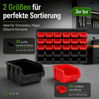 2er Set Stapelboxen mit Wandregal rot 64 tlg, Kleinteilemagazin