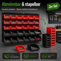 2er Set Stapelboxen mit Wandregal rot 64 tlg, Kleinteilemagazin
